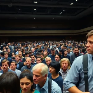 Attendees evacuating a speech competition hall due to disruption
