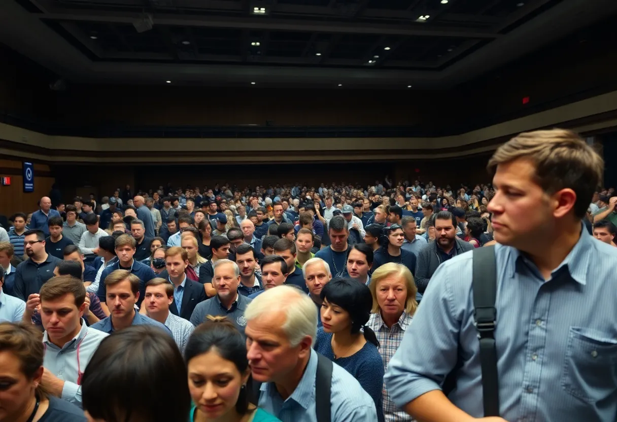 Attendees evacuating a speech competition hall due to disruption