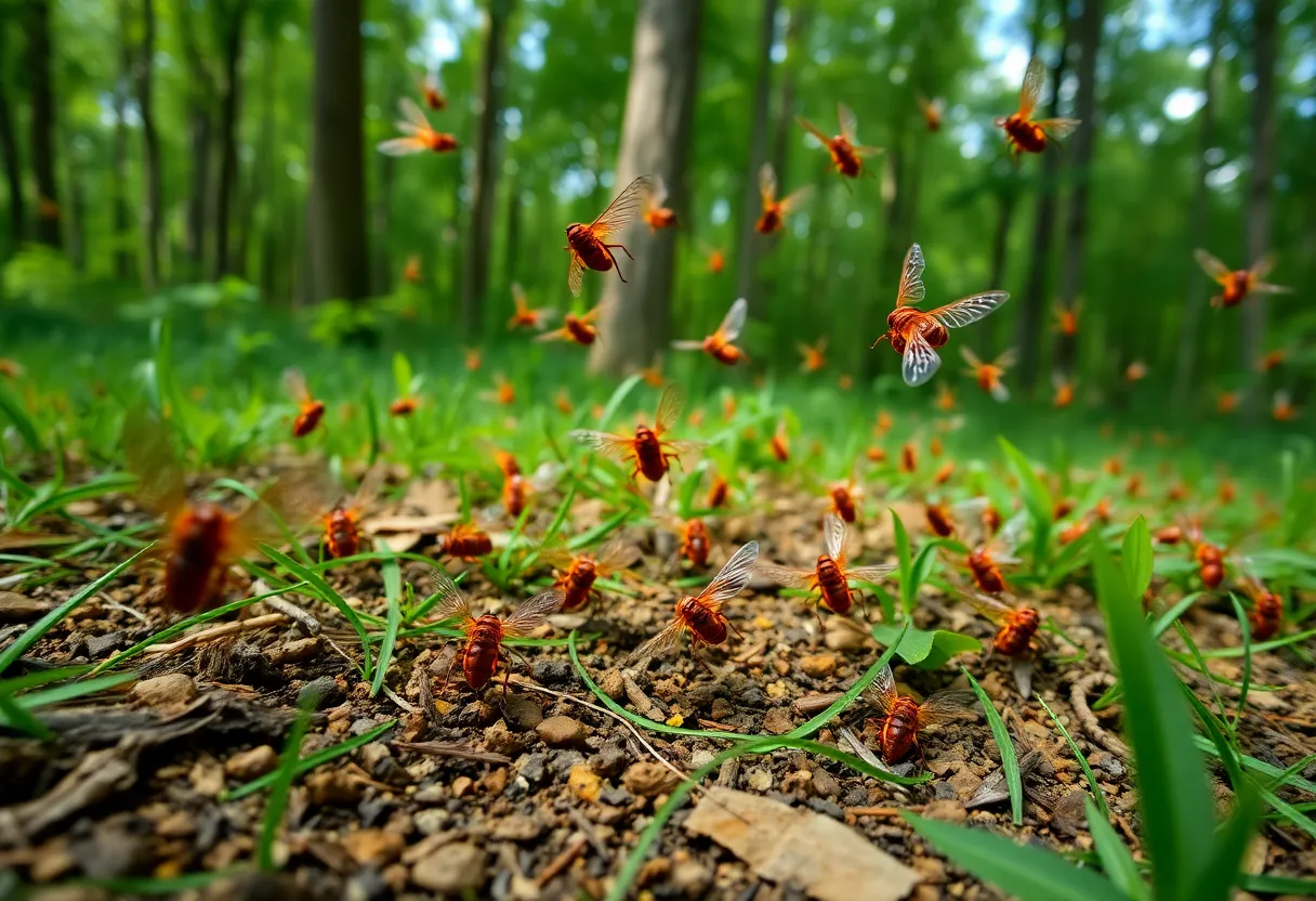 Billions of cicadas emerging from the ground in a Kentucky forest