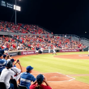Players in action during a college baseball game with fans in the background