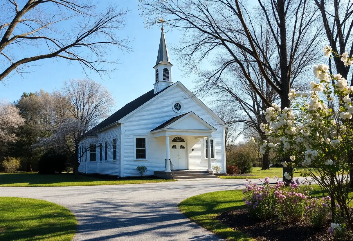 A serene church setting representing the community's remembrance.