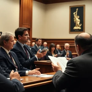 A courtroom filled with legal professionals, a jury, and a judge during the Crystal Rogers murder trial.