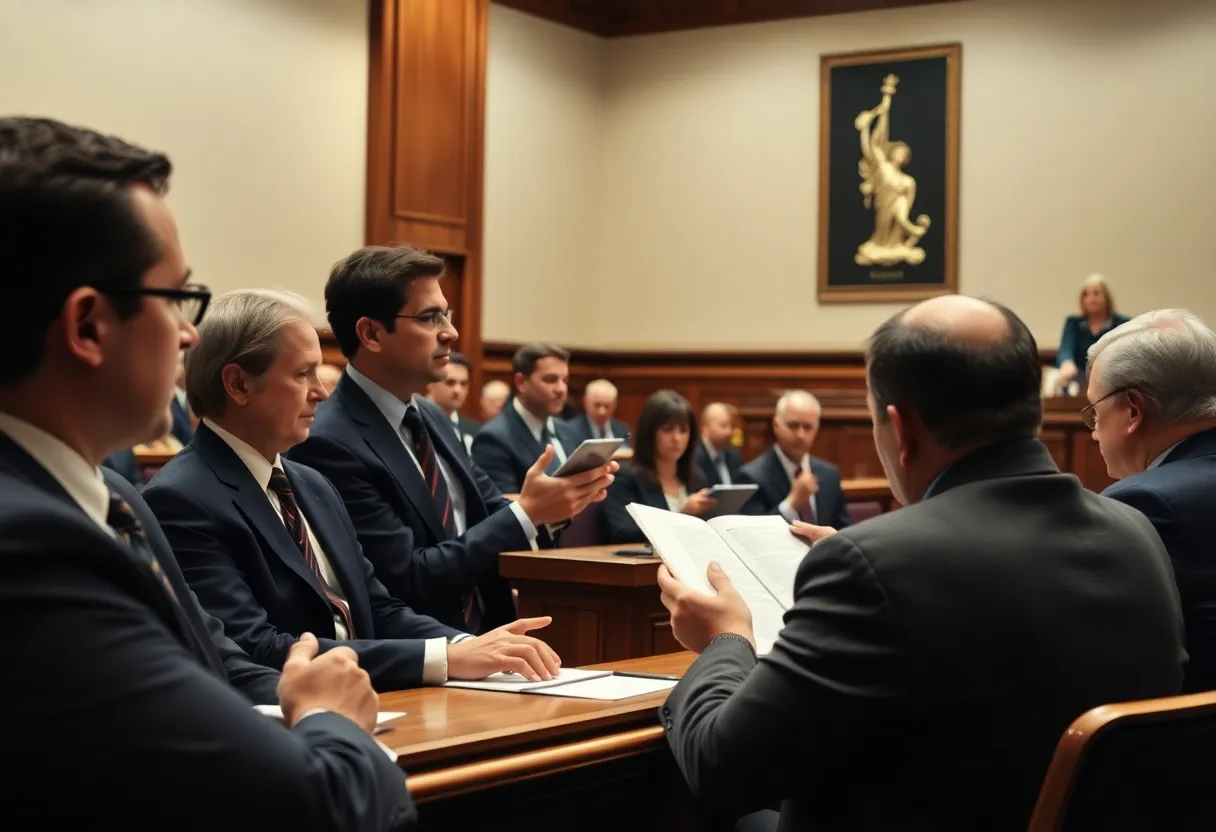 A courtroom filled with legal professionals, a jury, and a judge during the Crystal Rogers murder trial.