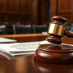 Illustration of a courtroom gavel and legal documents