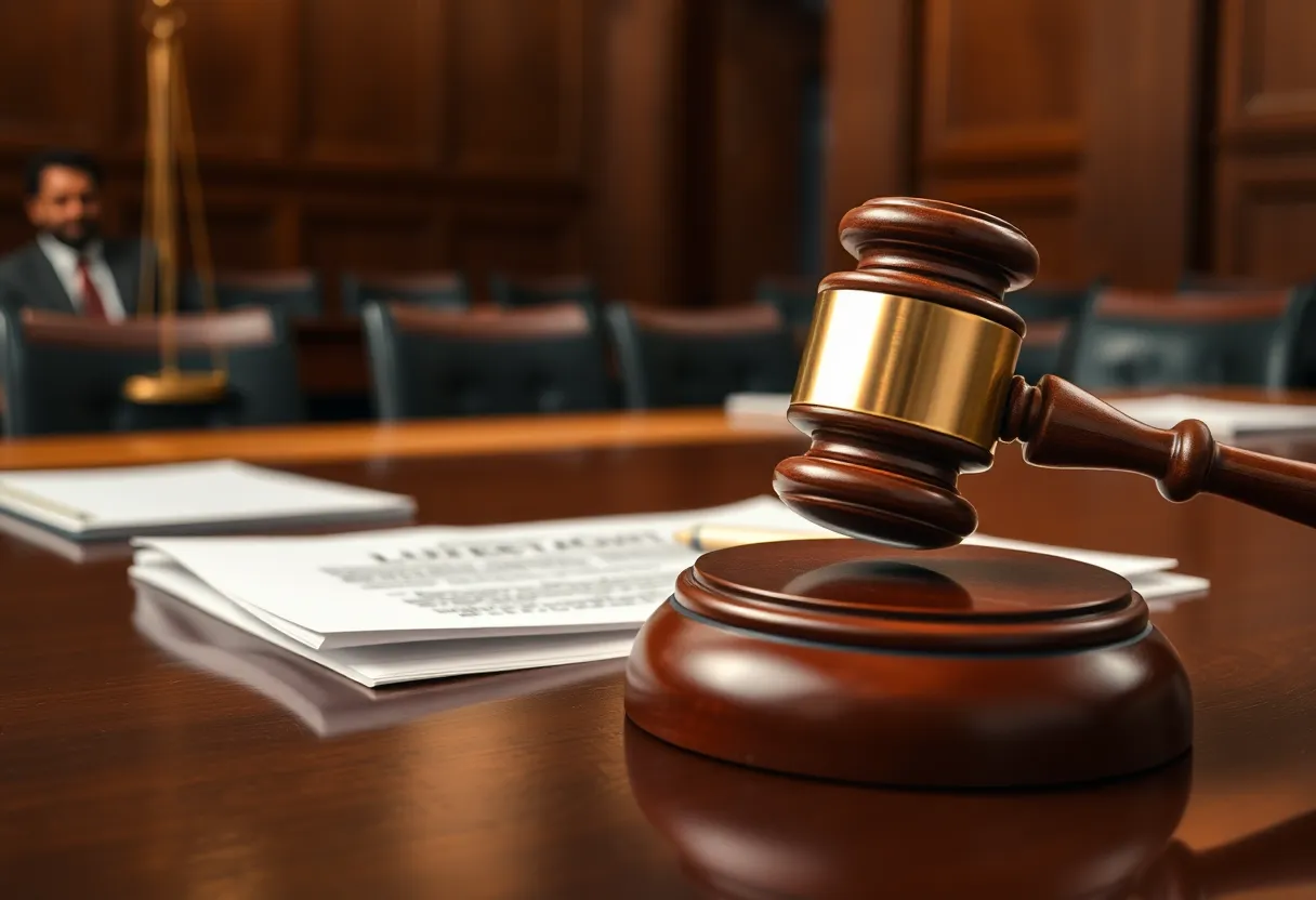 Illustration of a courtroom gavel and legal documents