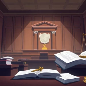 Illustration of a courtroom with law books and symbols of justice