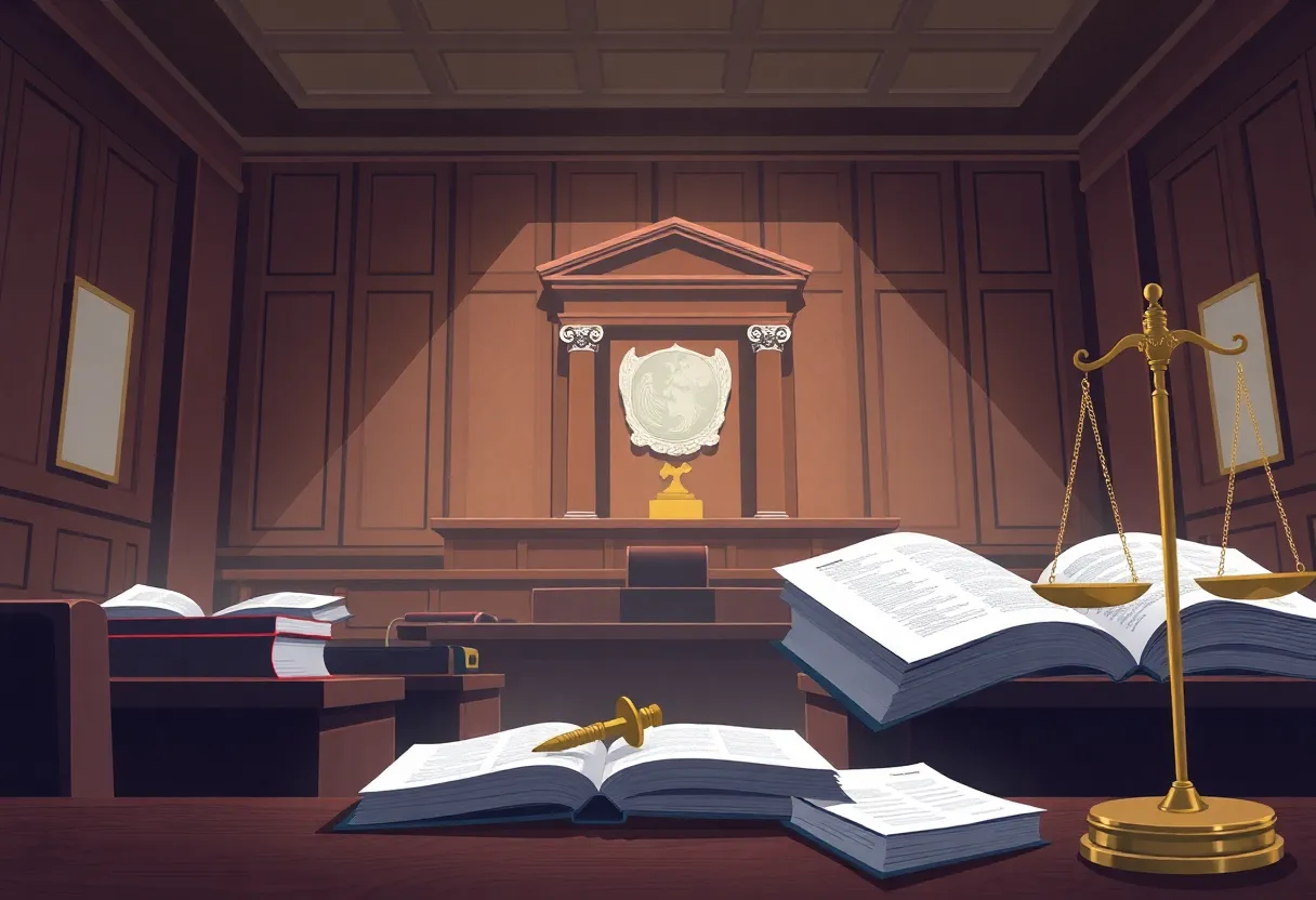 Illustration of a courtroom with law books and symbols of justice