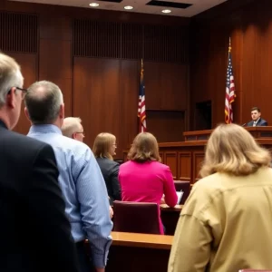 Jury selection in a courtroom for a high-profile trial