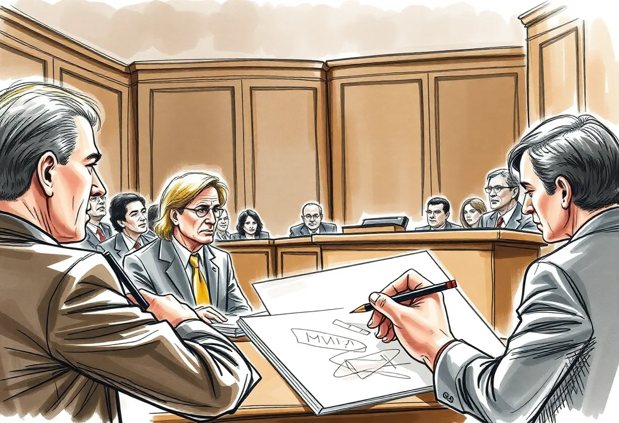 Courtroom scene with an artist sketching