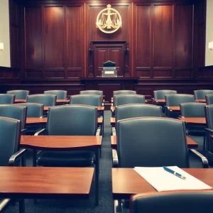 Empty courtroom with legal documents on table