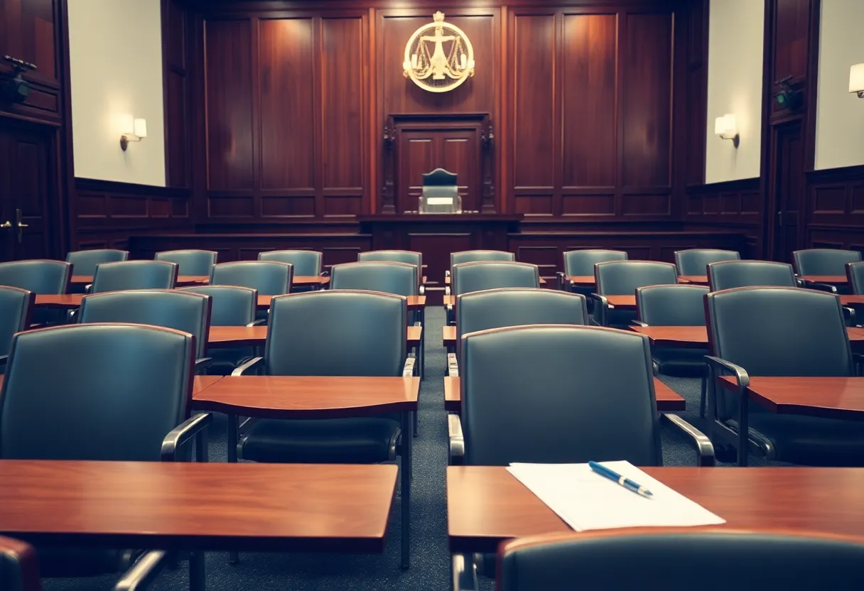 Empty courtroom with legal documents on table