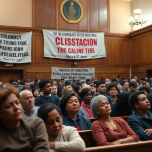Courtroom with banners demanding justice for Crystal Rogers