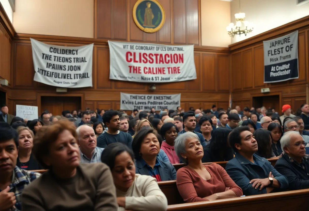 Courtroom with banners demanding justice for Crystal Rogers
