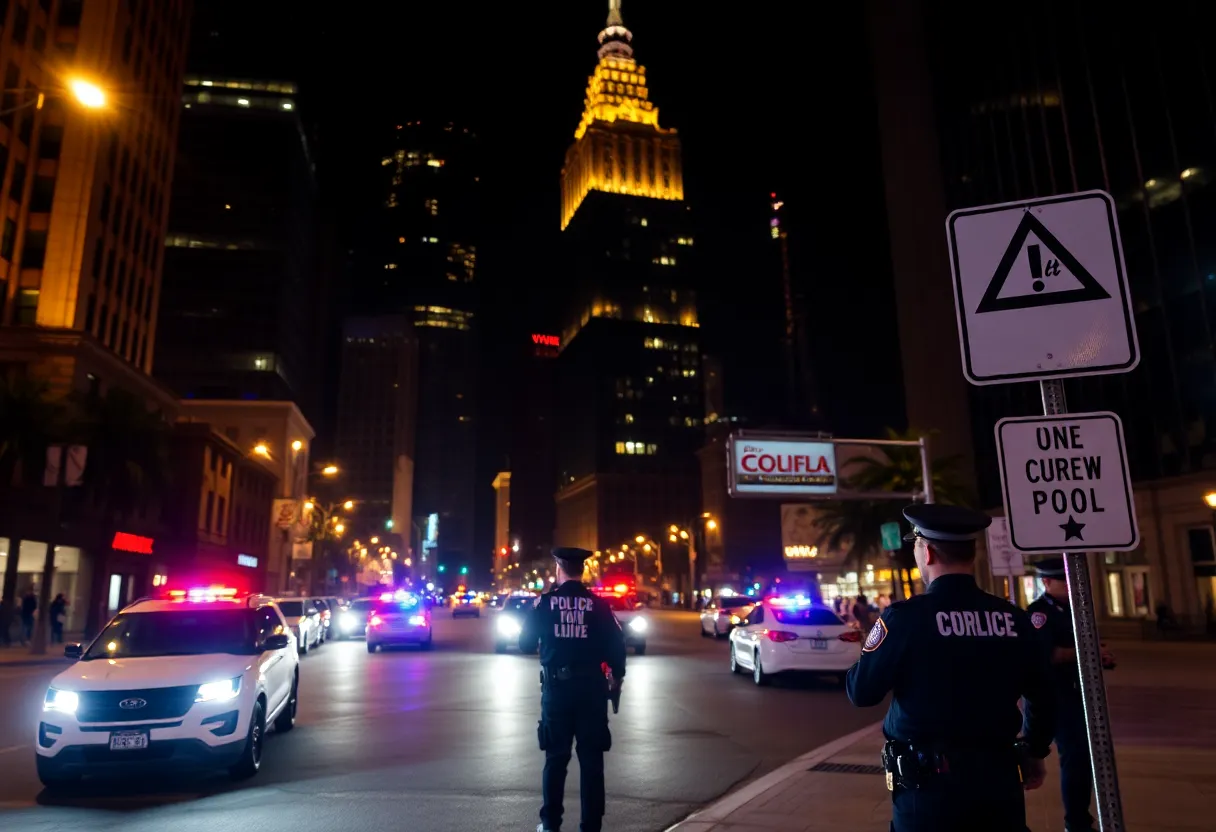 Police presence in downtown Los Angeles during curfew hours.