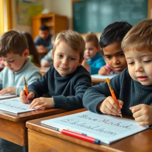 Students practicing cursive writing in a classroom