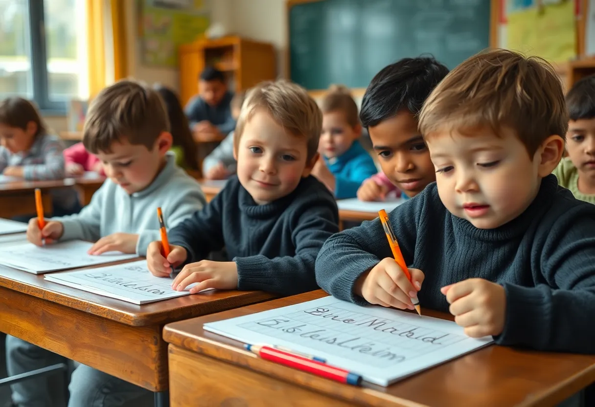 Students practicing cursive writing in a classroom