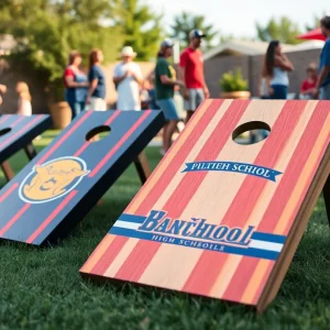 Personalized cornhole boards displayed in a backyard setting with local school designs.