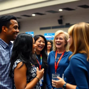 A lively gathering of Democratic Party members at a convention, discussing strategies and connecting with voters.