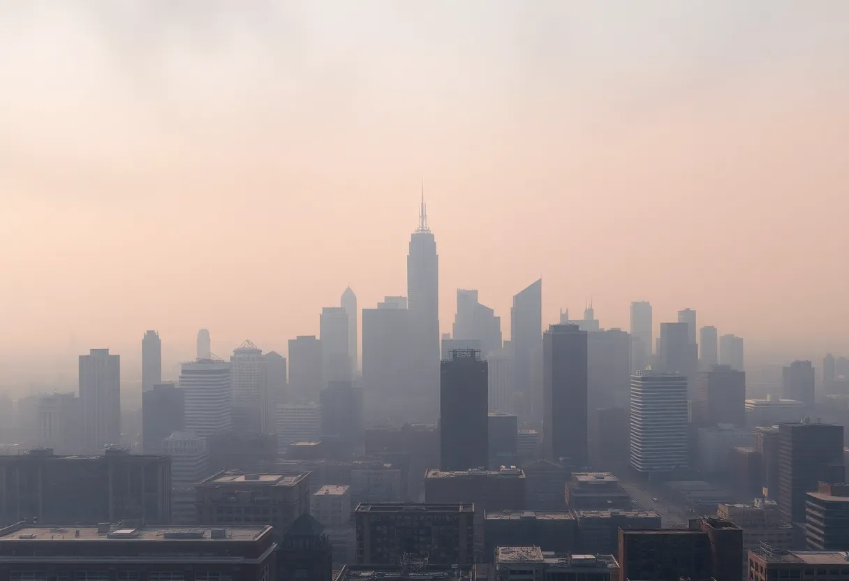 Hazy skyline of Detroit, Michigan affected by air quality issues