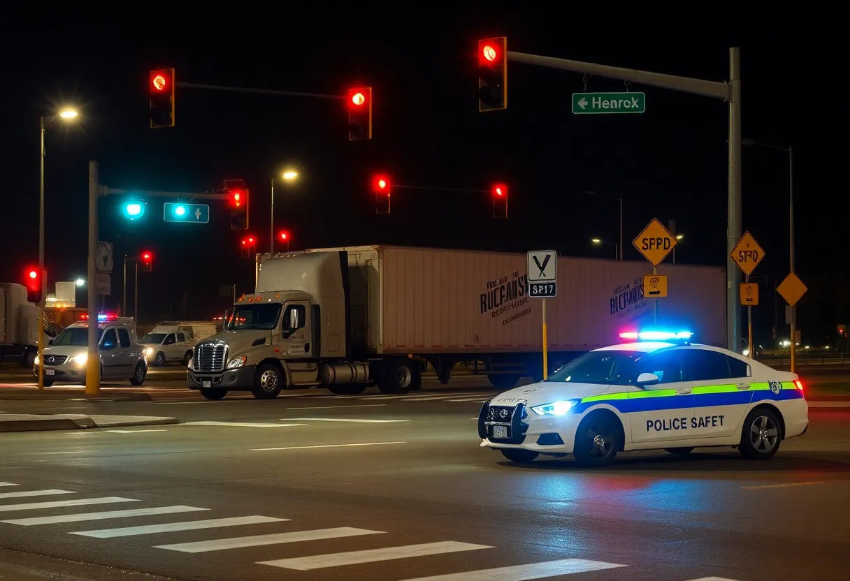 Traffic intersection at night with a police presence after an accident.