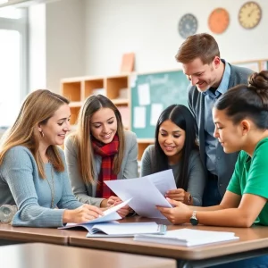 Collaborative educators working on educational leadership in a school