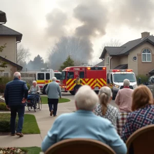Emergency responders assisting residents during a fire evacuation at a personal care home.