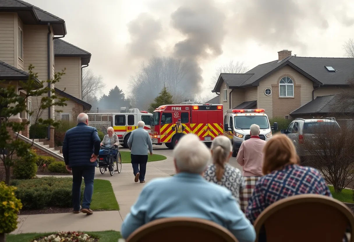 Emergency responders assisting residents during a fire evacuation at a personal care home.