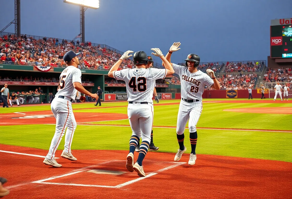 Georgia Tech baseball players celebrating after a home run during an NCAA Tournament game.