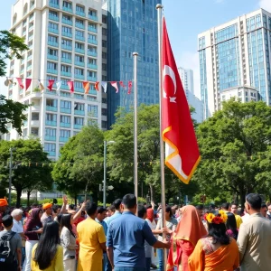 Crowd celebrating at Guyana Independence flag raising ceremony