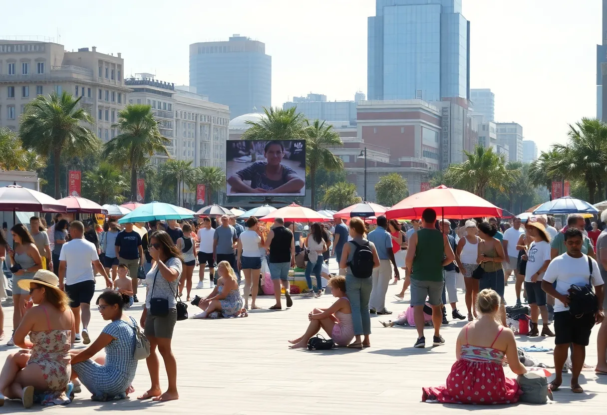 A busy city street during a heatwave, showing people trying to stay cool.