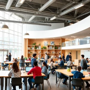 Exterior view of the IMPACT Center with students engaging in activities