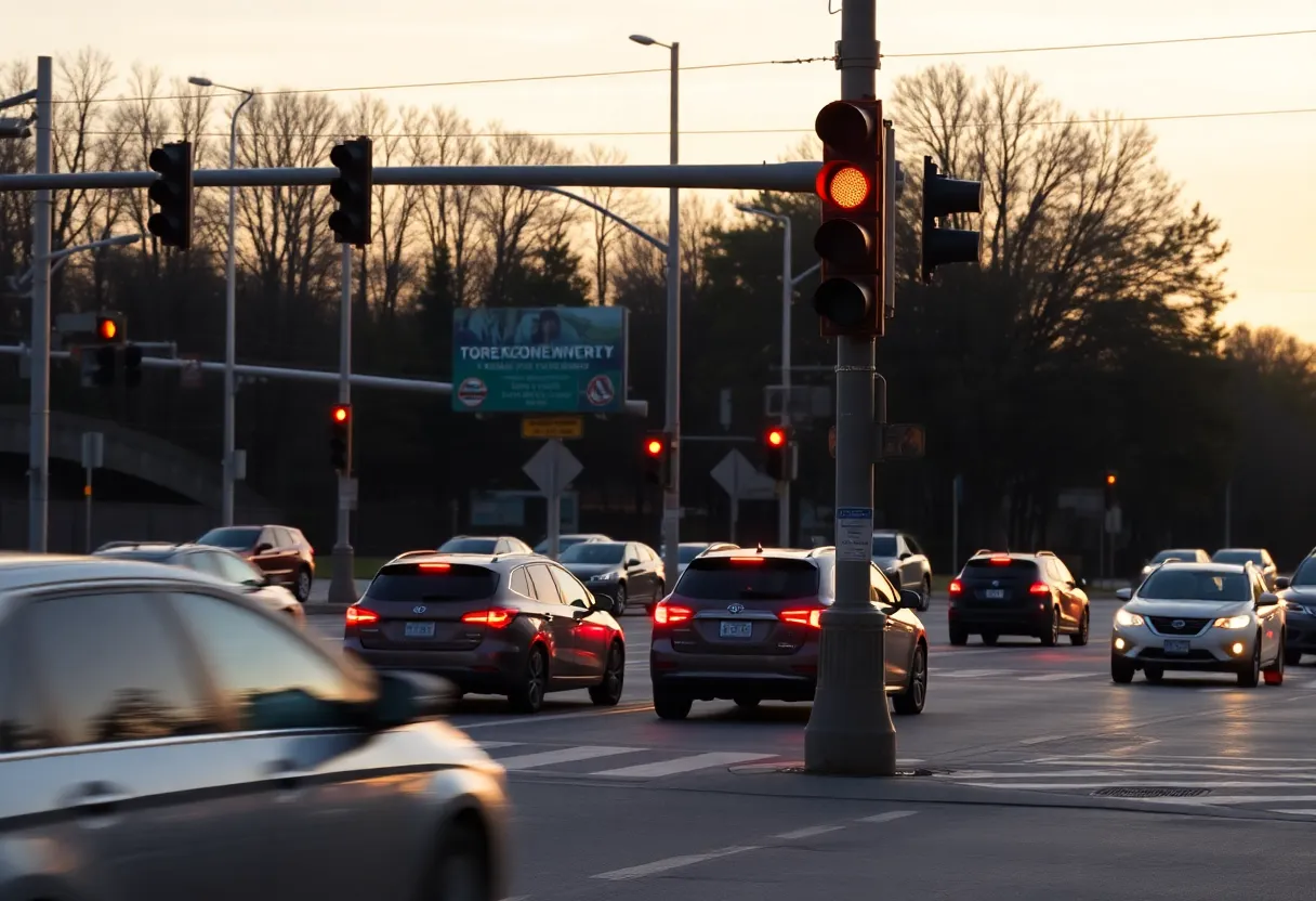 An early morning view of a busy intersection highlighting traffic concerns.