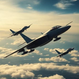 Military aircraft flying over an explosion in a distant landscape.