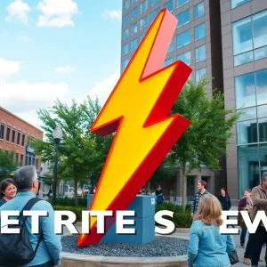 Sculpture of a lightning bolt in Bowling Green's downtown area
