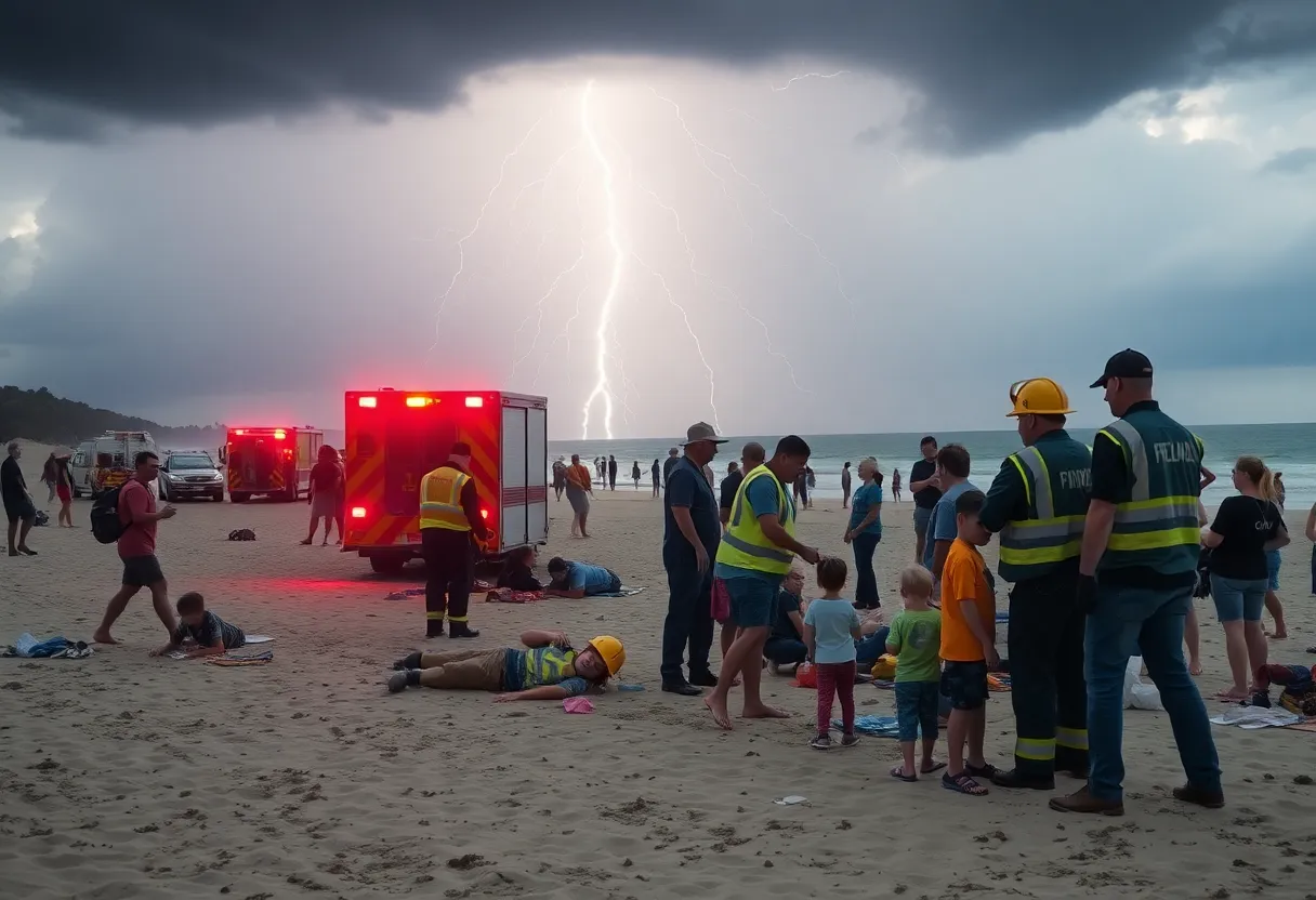 Emergency responders at the beach after a lightning strike incident