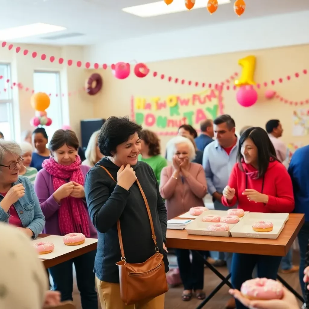 Community members celebrating National Donut Day with donuts and smiles.