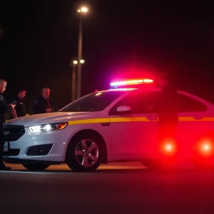 Police officers investigating an armed carjacking scene.