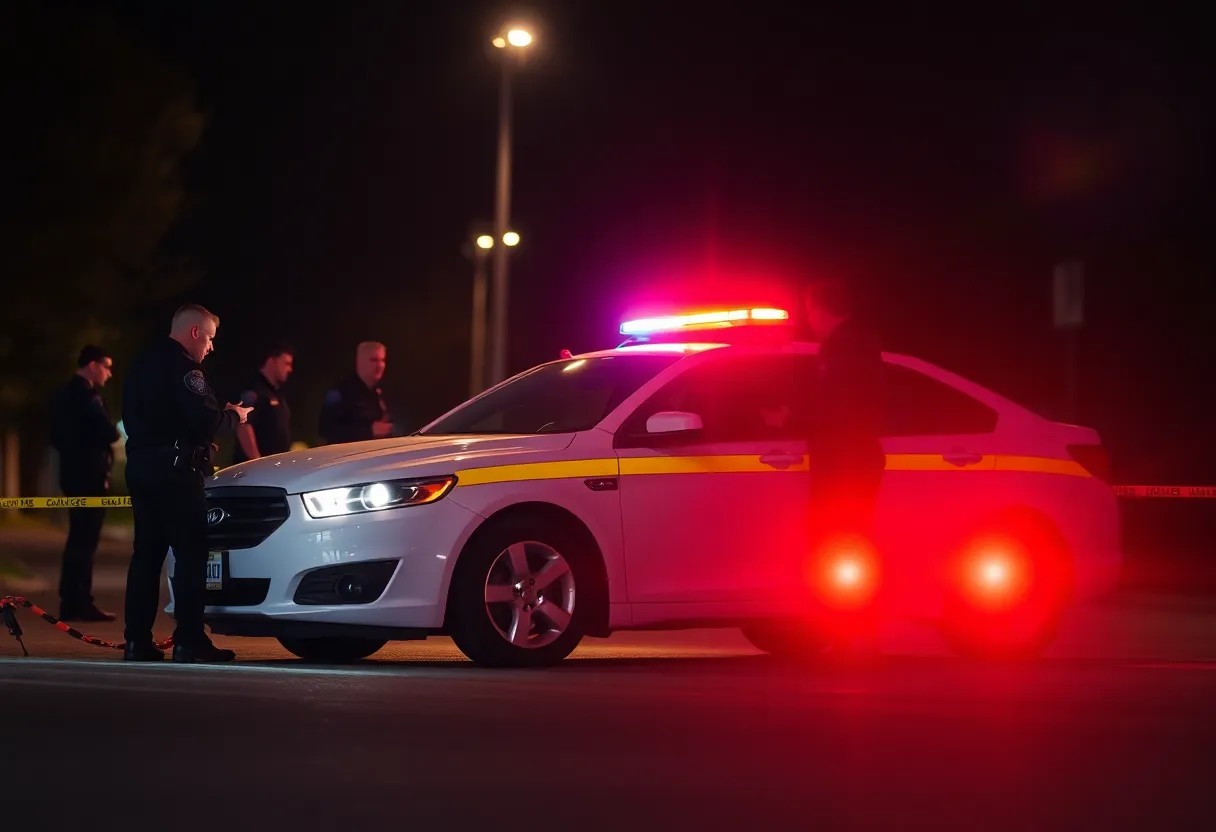 Police officers investigating an armed carjacking scene.