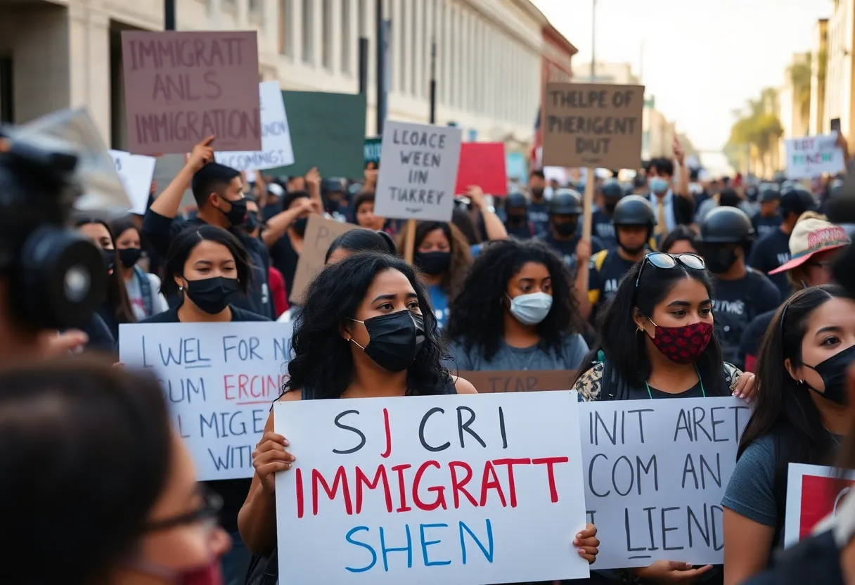 Crowd protesting against immigration policies with law enforcement presence.