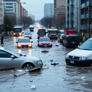 Aftermath of flooding in San Antonio with submerged cars