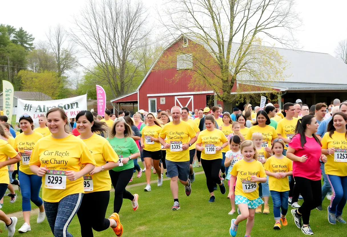 Participants at the Stuff the Bus 5K wearing yellow t-shirts, running in a community event.
