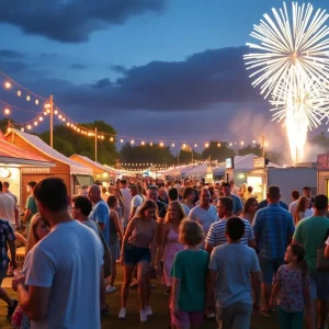 Families enjoying Thunder Fest with fireworks in the background