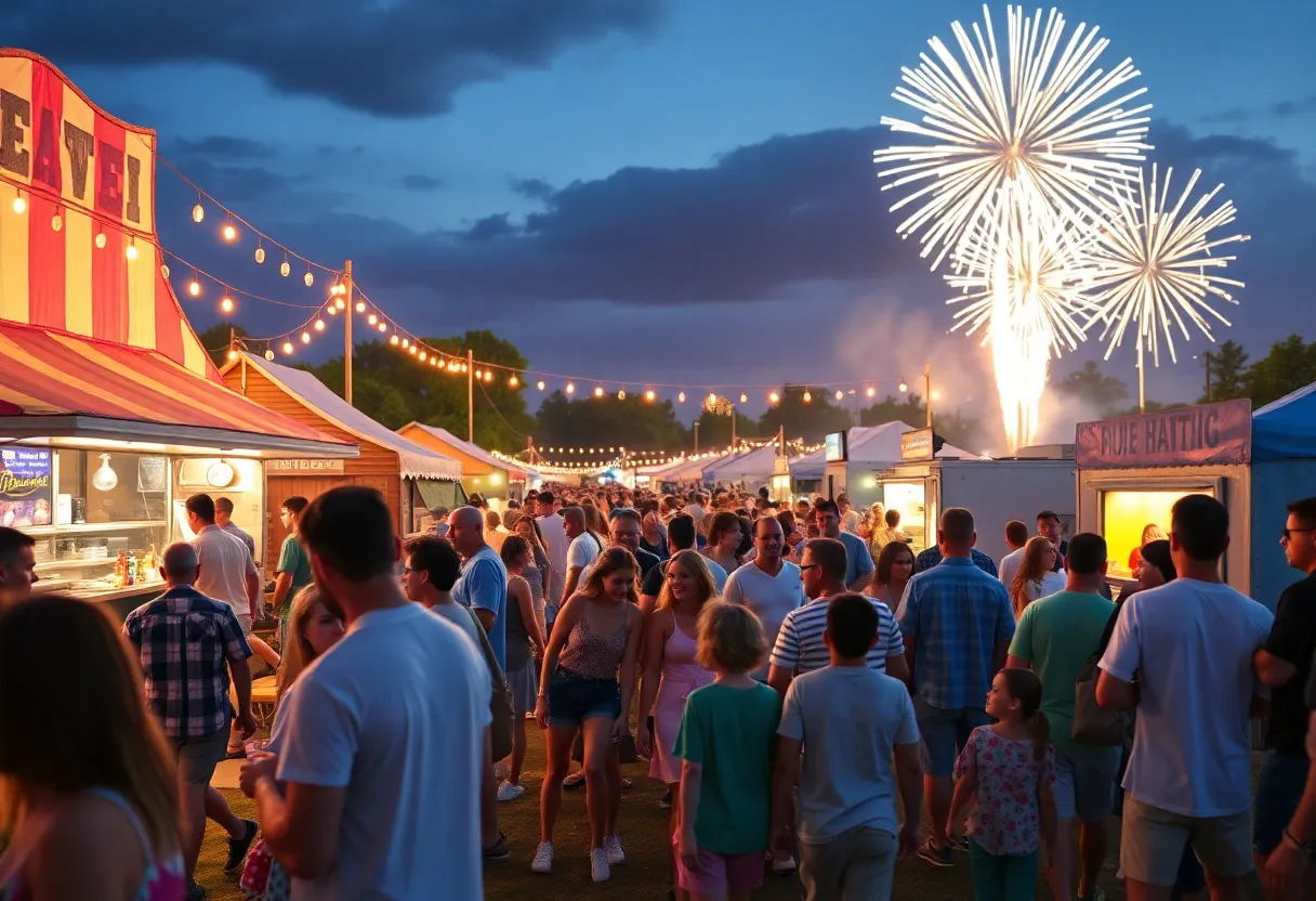 Families enjoying Thunder Fest with fireworks in the background