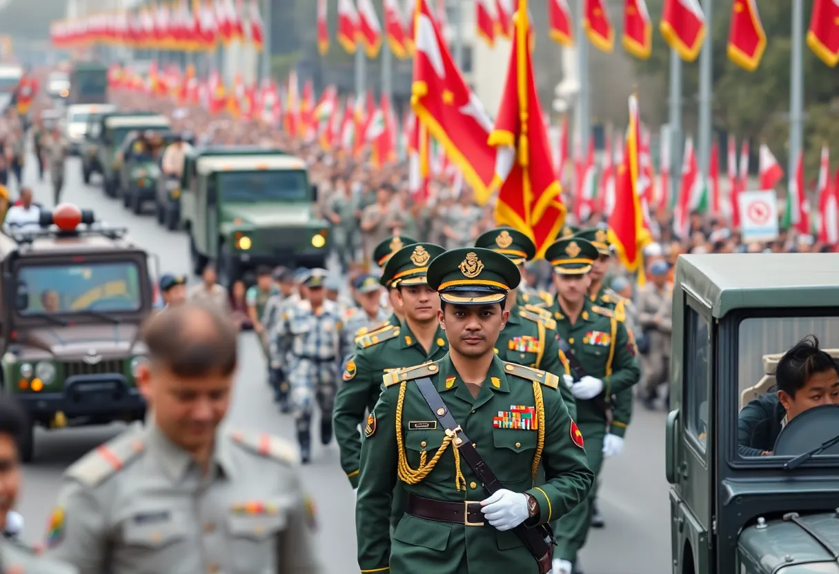 A parade celebrating the U.S. Army's 250th anniversary featuring soldiers and military vehicles.