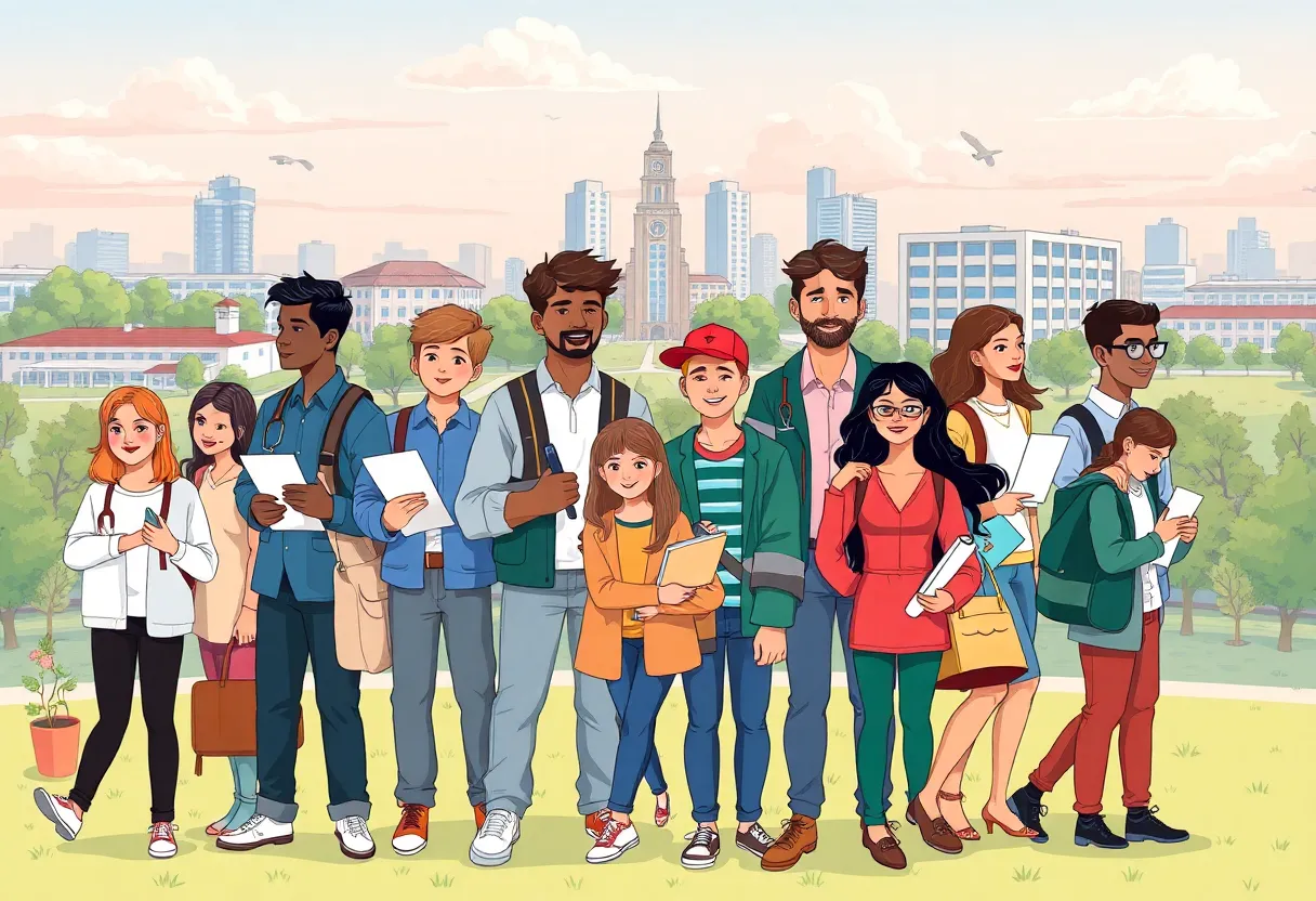 A collage depicting vocational training and traditional college education