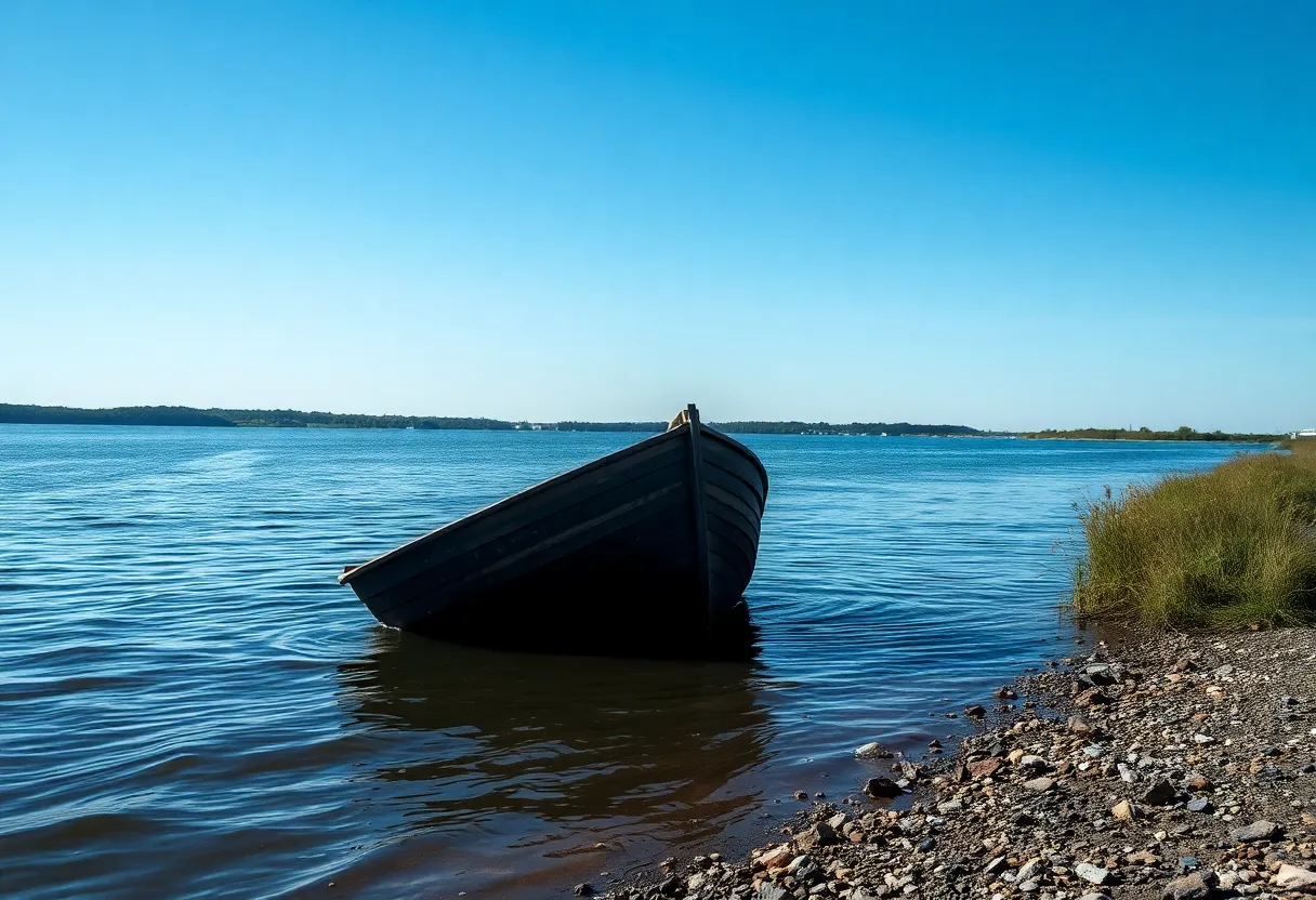 Scene depicting a riverbank with a capsized boat symbolizing a missing person's case.