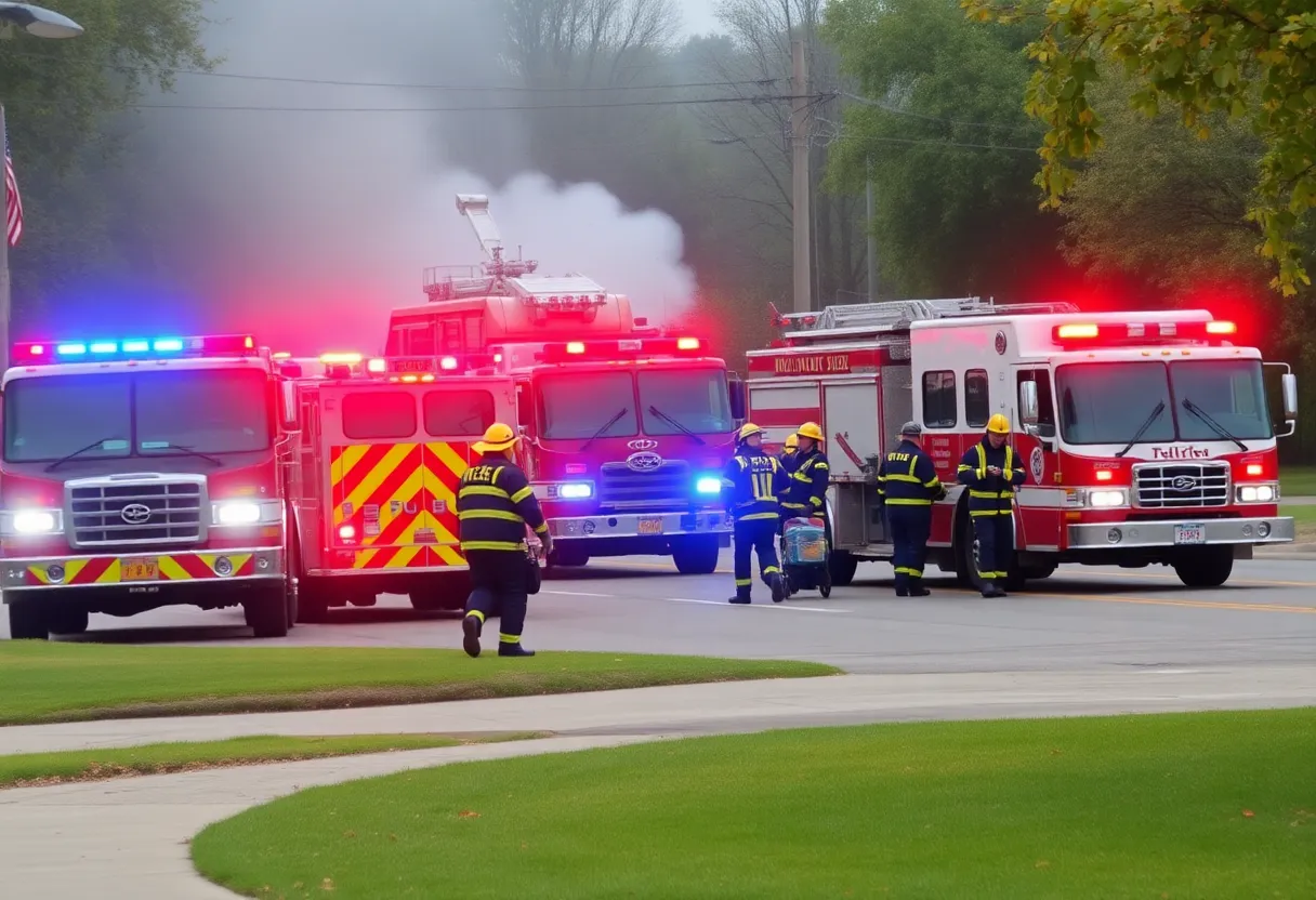 Firefighters and fire department vehicles at the scene of an emergency in Warren County.
