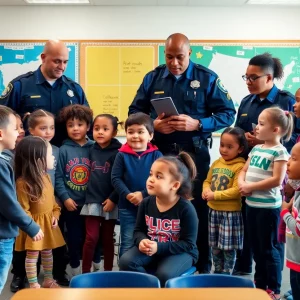 Children and law enforcement working together in a classroom for safety measures