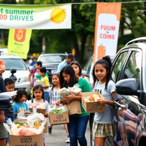 Families collecting meals at a summer nutrition food drive