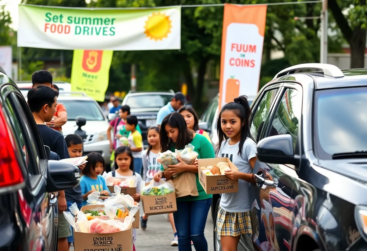 Families collecting meals at a summer nutrition food drive